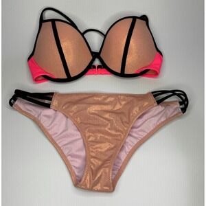 Victoria Secret The Cheeky Padded Bikini Top Bottom Set Pink Glitter Size 32D/M